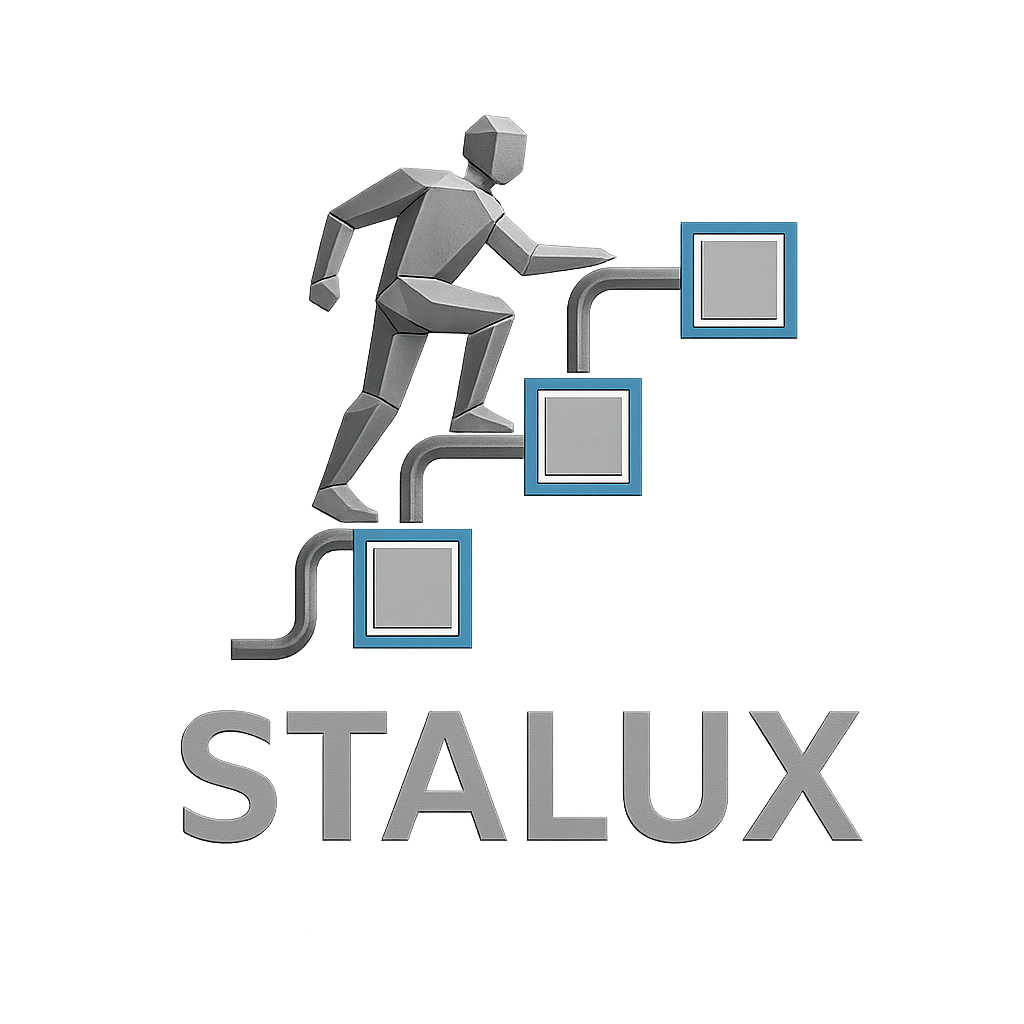 Wariant logo STALUX w odcieniach szarości z niebieskimi akcentami. Sygnet prezentuje postać idącą w górę po geometrycznych stopniach połączonych rurami, co symbolizuje rozwój lub konstrukcje stalowe.