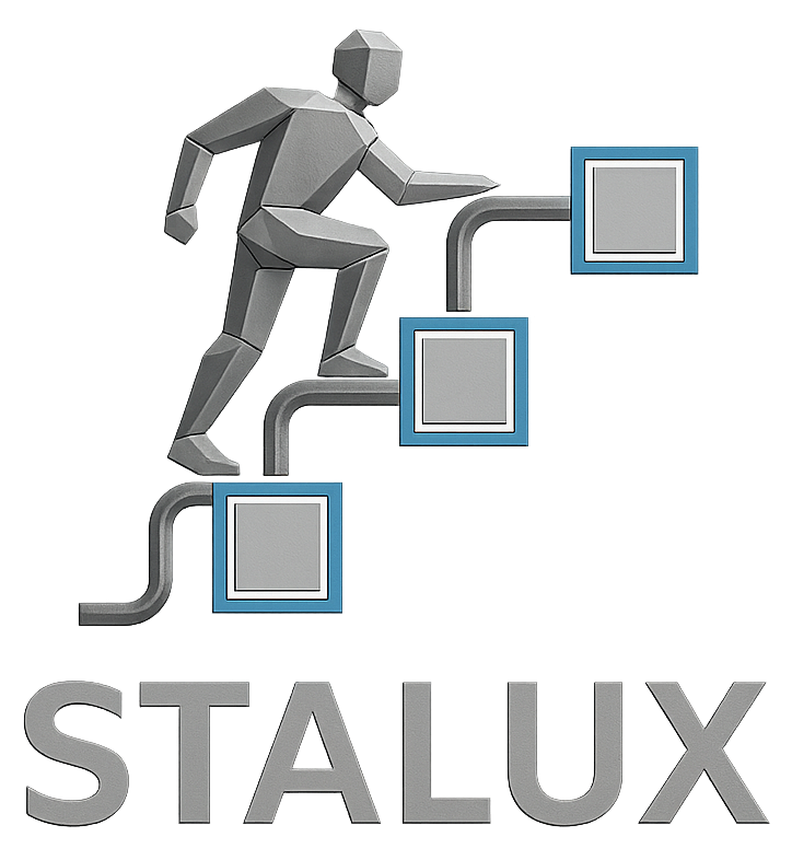 Logo firmy STALUX na białym tle. Powyżej szarego napisu znajduje się sygnet przedstawiający postać wykonaną w technice low-poly, która wchodzi po schodach utworzonych z metalowych rur i kwadratowych paneli z niebieską obwódką.